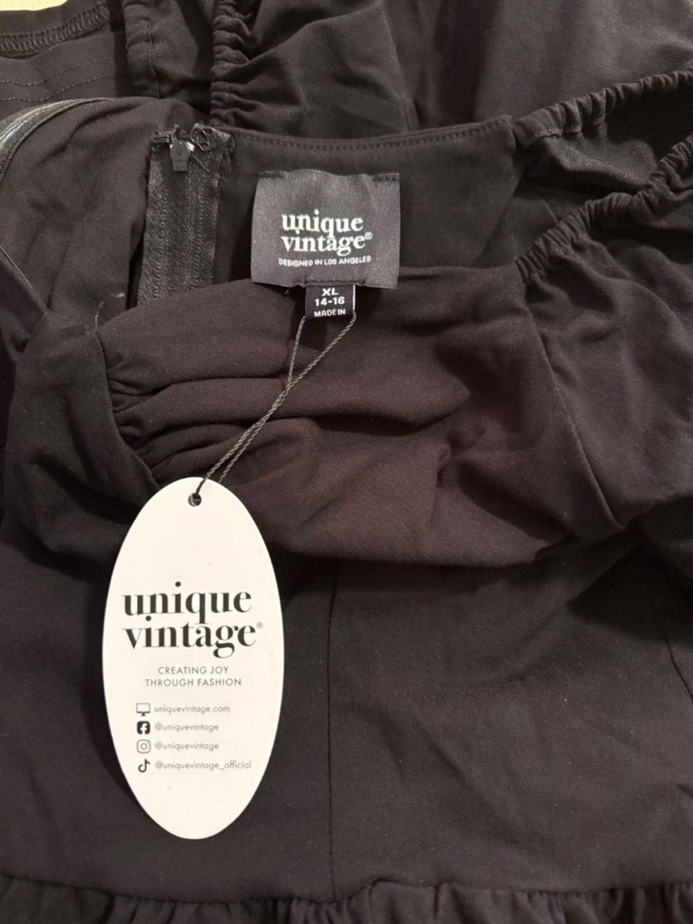 Unique Vintage Black Sweetheart Puff Sleeve Swing Dress - XL/14-16 - Picture 3 of 5